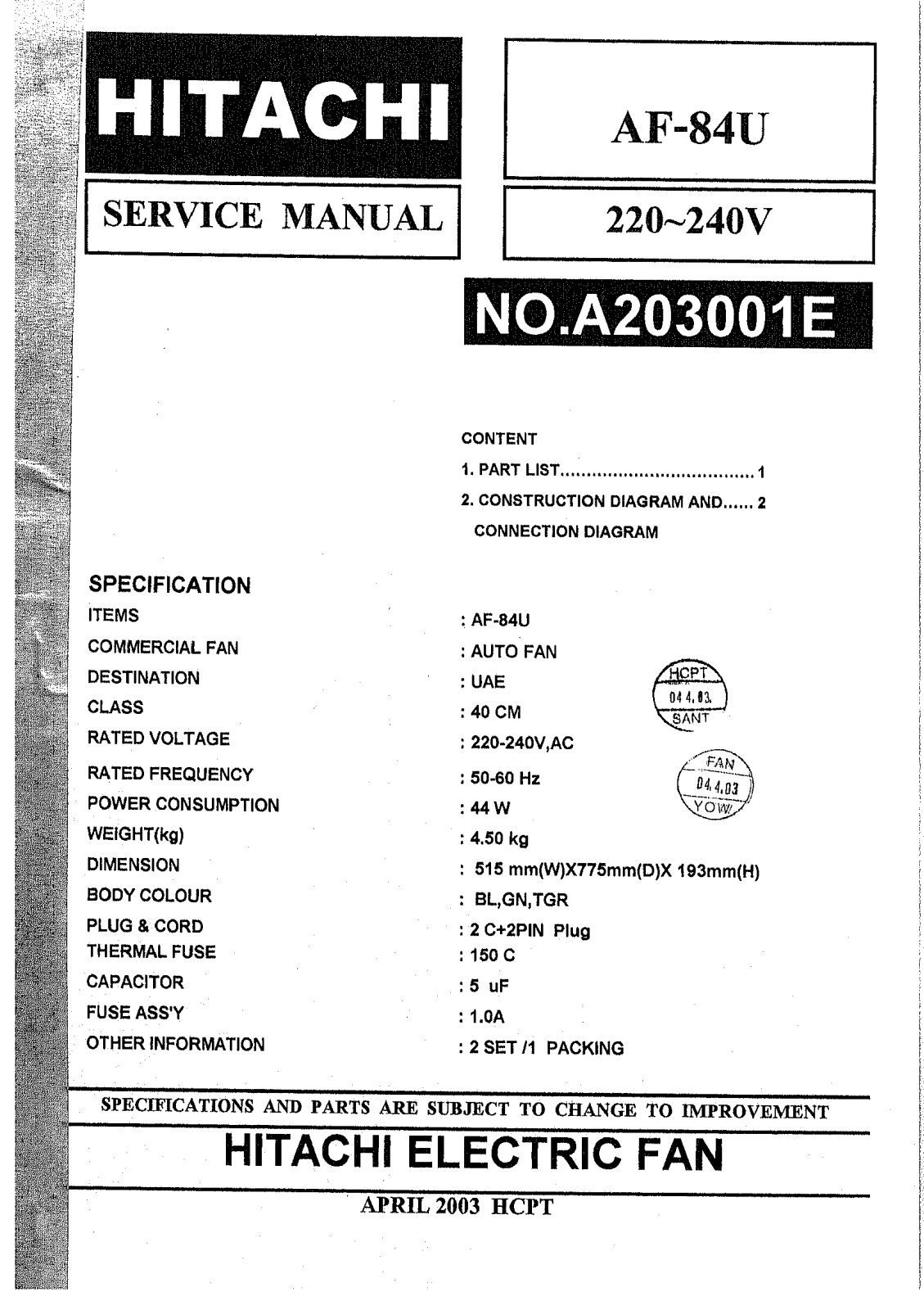 Hitachi AF-84U Service Manual