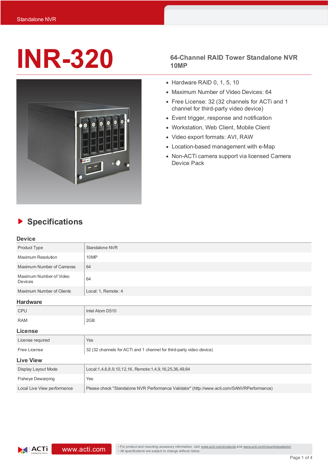 ACTi INR-320 Specsheet