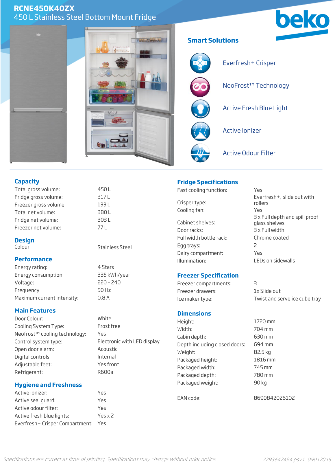 Beko RCNE450K40ZX Specifications Sheet