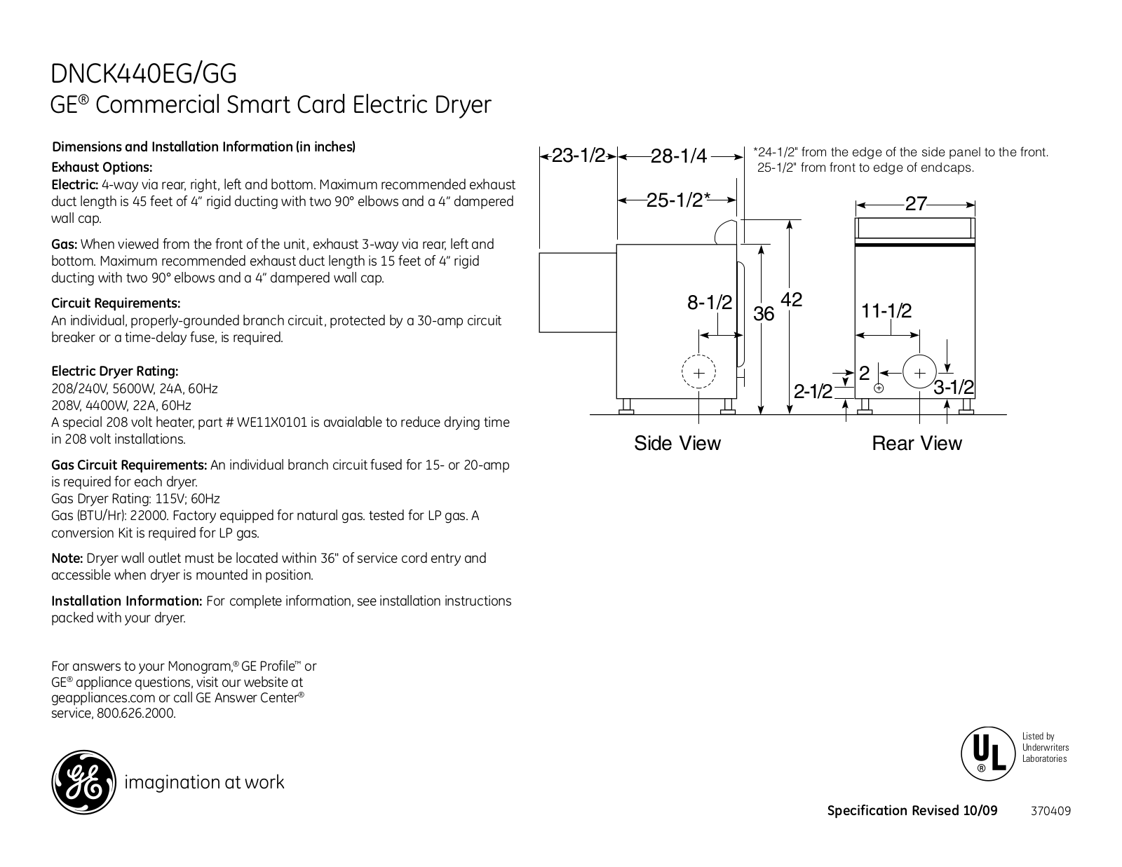 GE DNCK440EG, DNCK440GG Specification