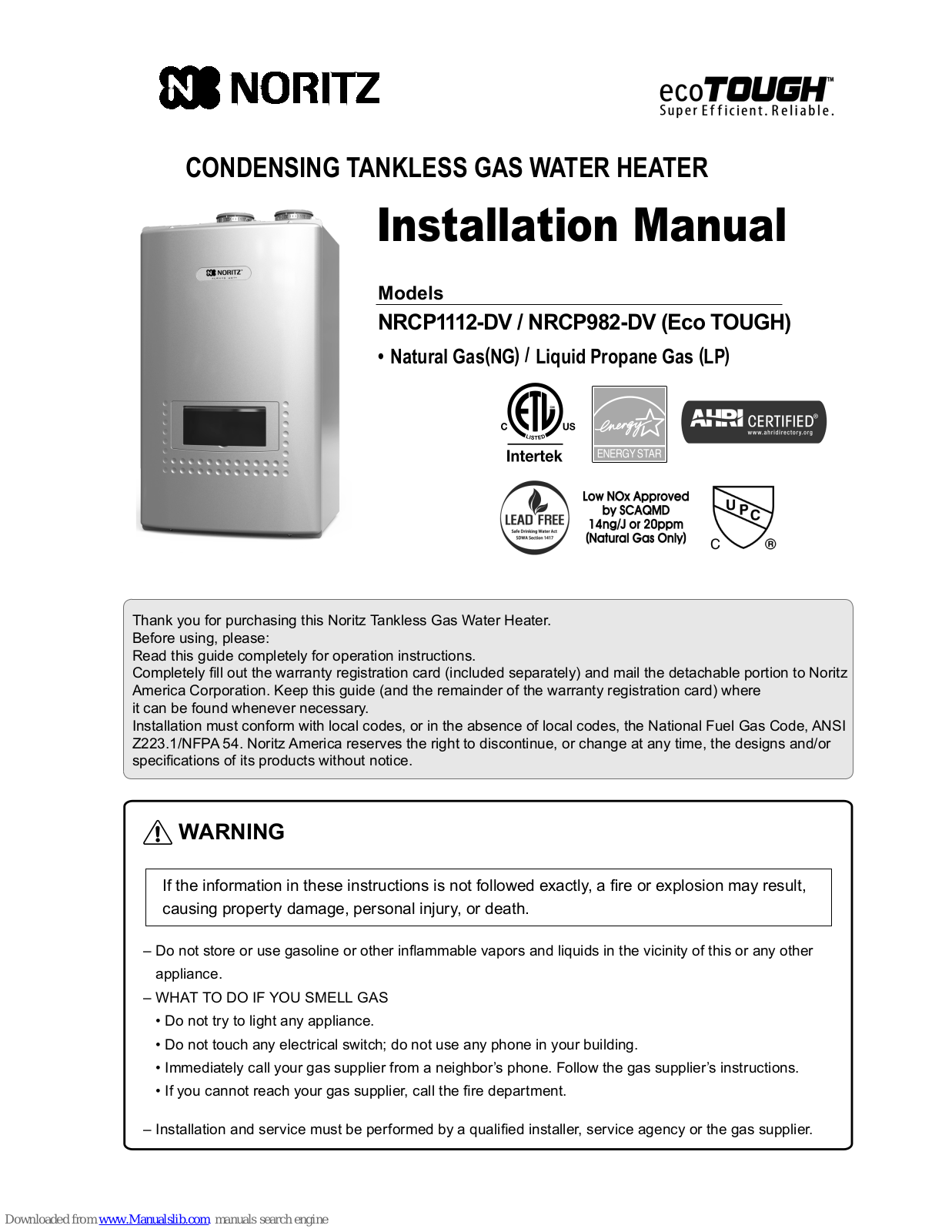 Noritz Eco TOUGH NRCP1112-DV, Eco TOUGH NRCP982-DV Installation Manual