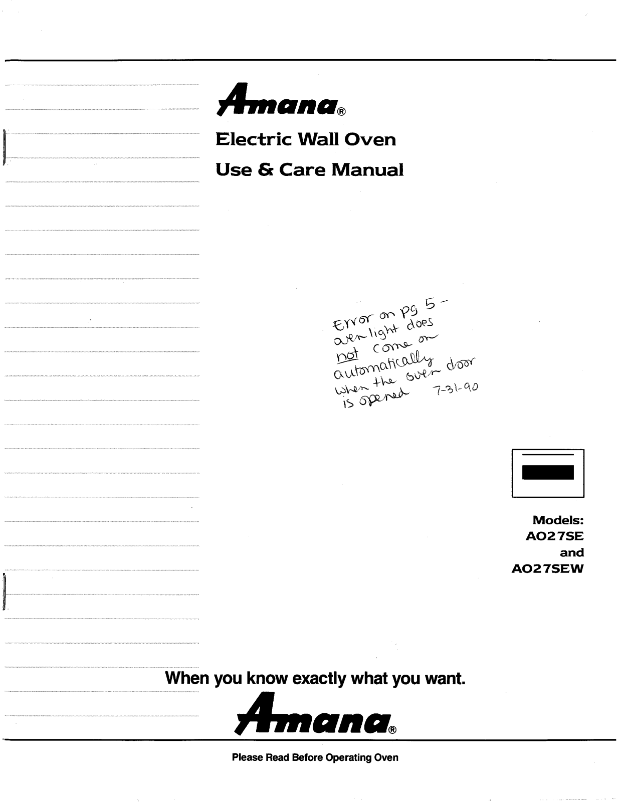 Amana AO27SEW, AO27SE User Manual