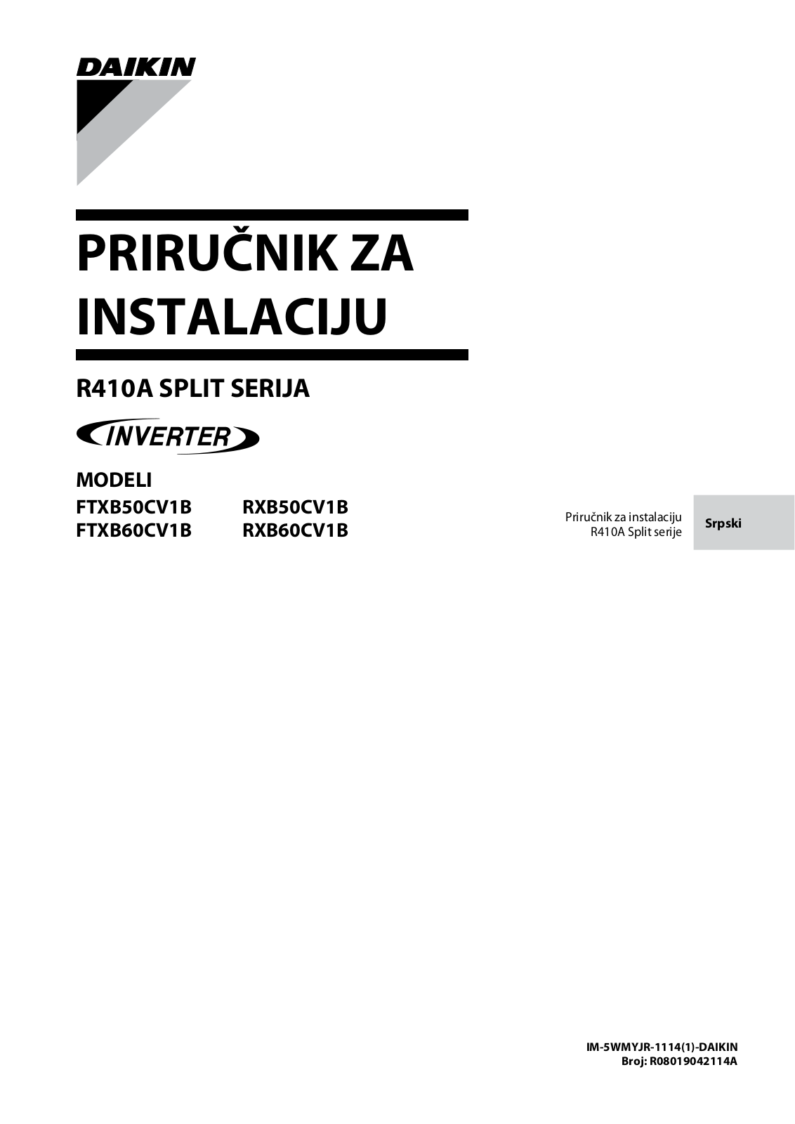 Daikin FTXB50CV1B, RXB50CV1B, FTXB60CV1B, RXB60CV1B Installation manuals