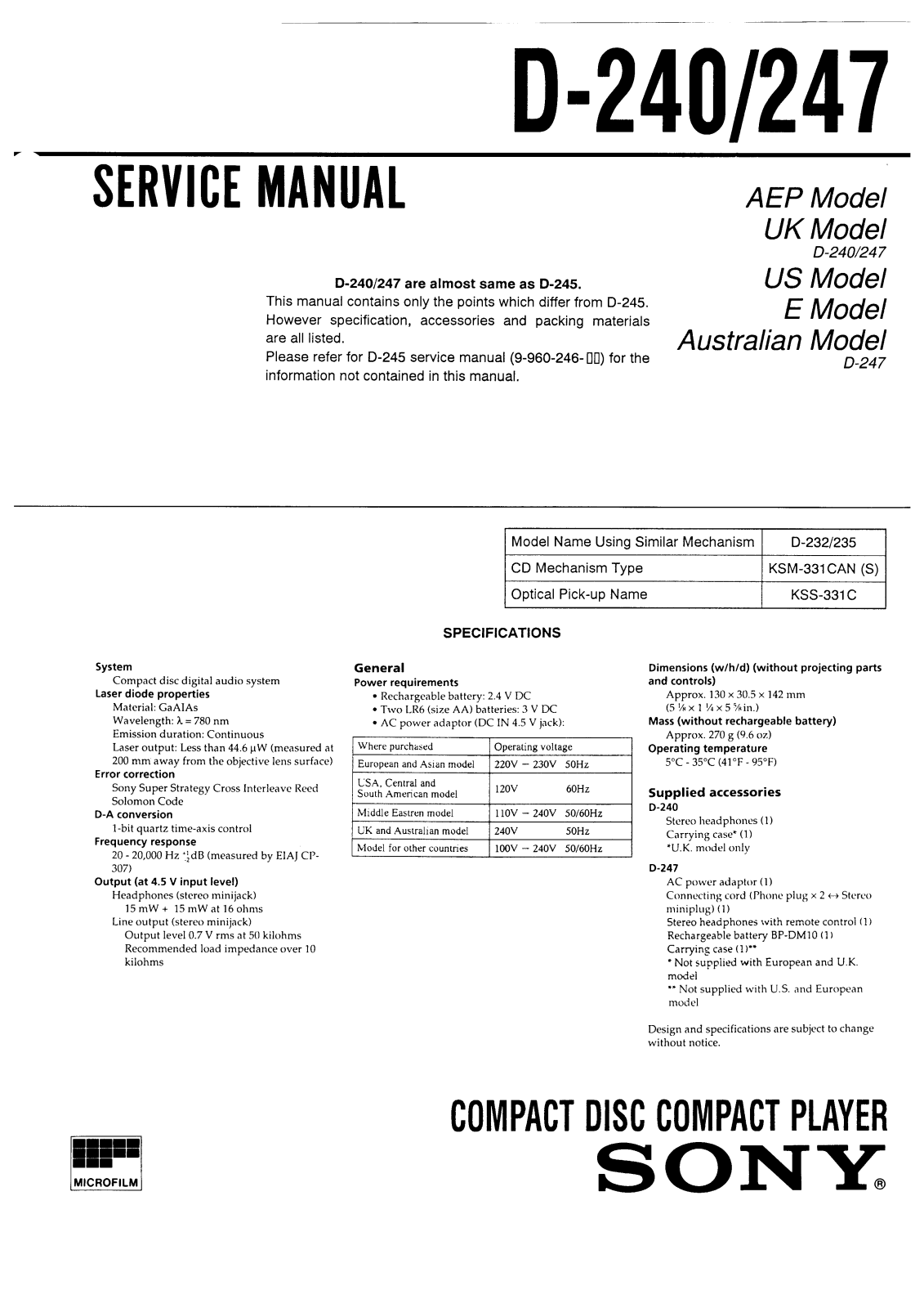 Sony D-240, D-247 Service manual