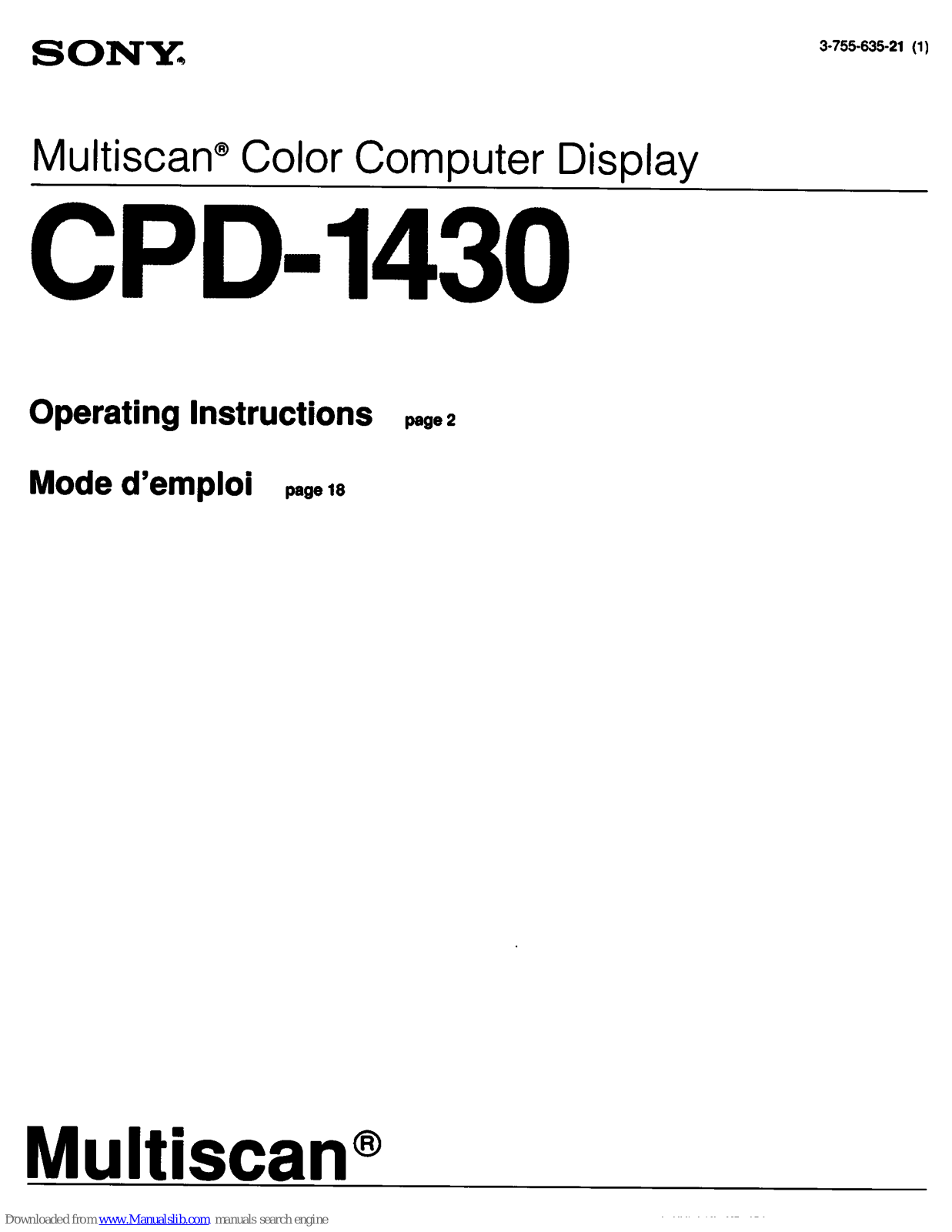 Sony CPD-1430 Operating Instructions (primary manual) Operating Instructions Manual