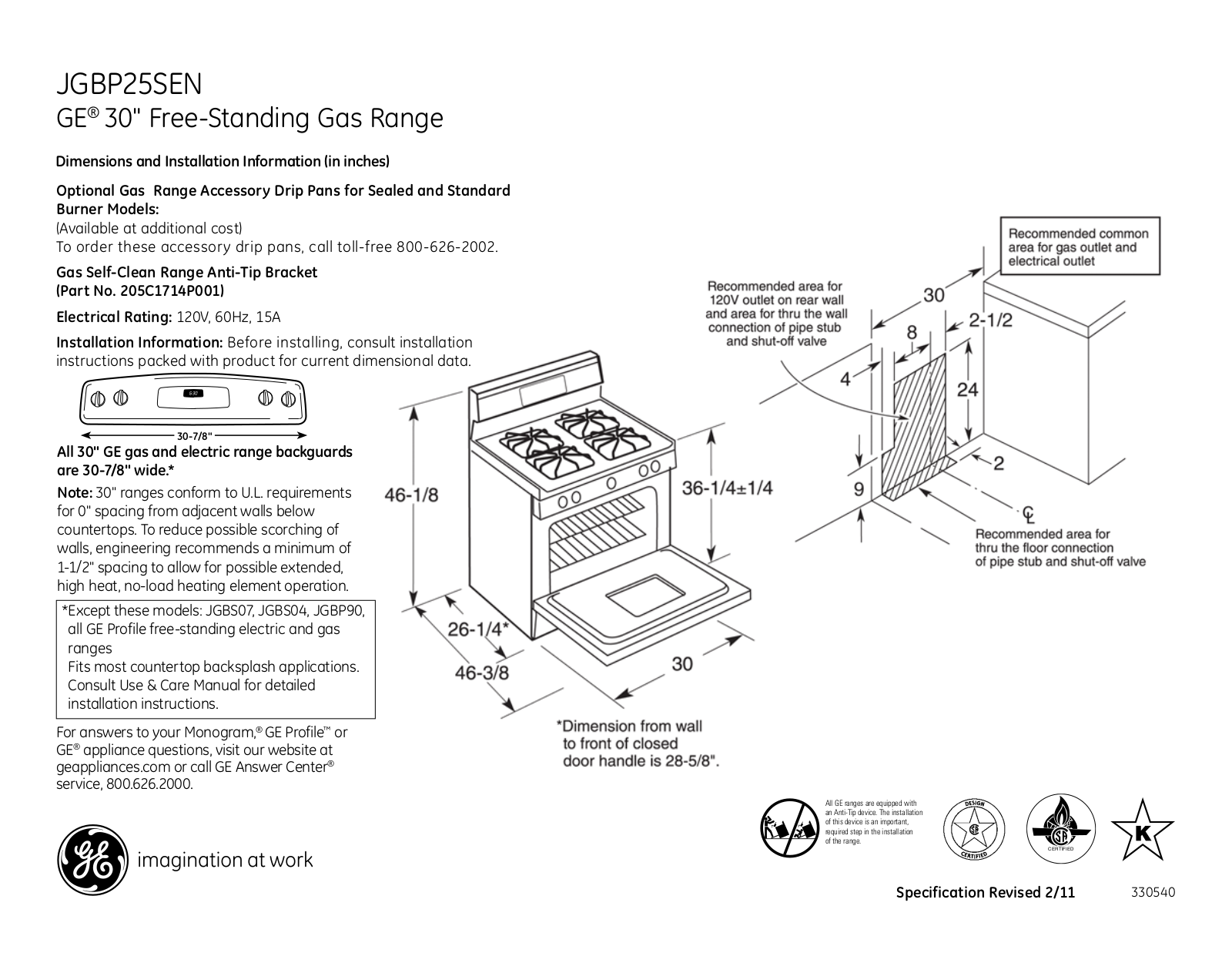 GE JGBP25SEN Specification