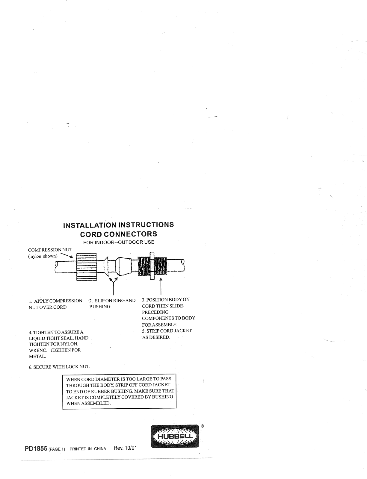 Hubbell cord connectors Installation Instructions