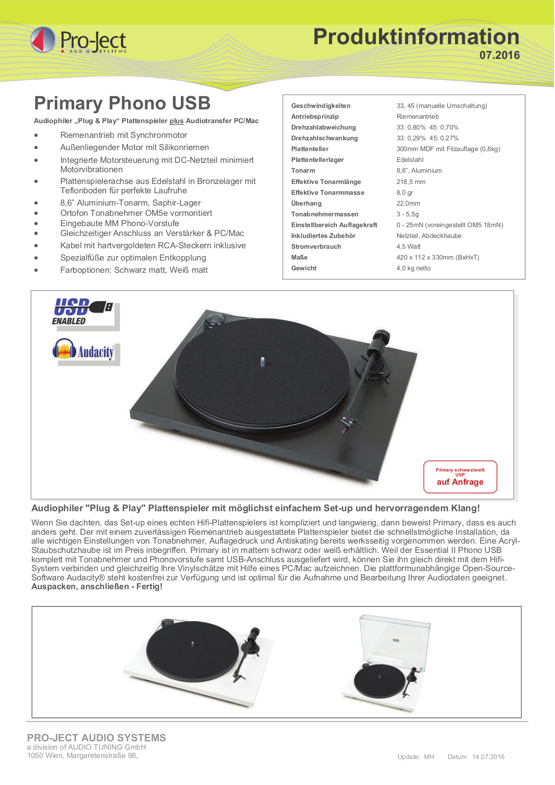 PRO-JECT Primary Phono USB PRODUCT INFORMATION