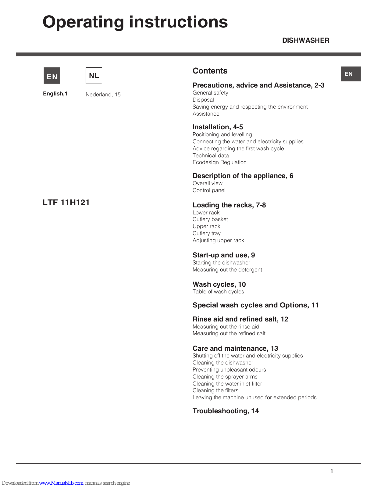 Hotpoint Ariston LTF 11H121 Operating Instructions Manual