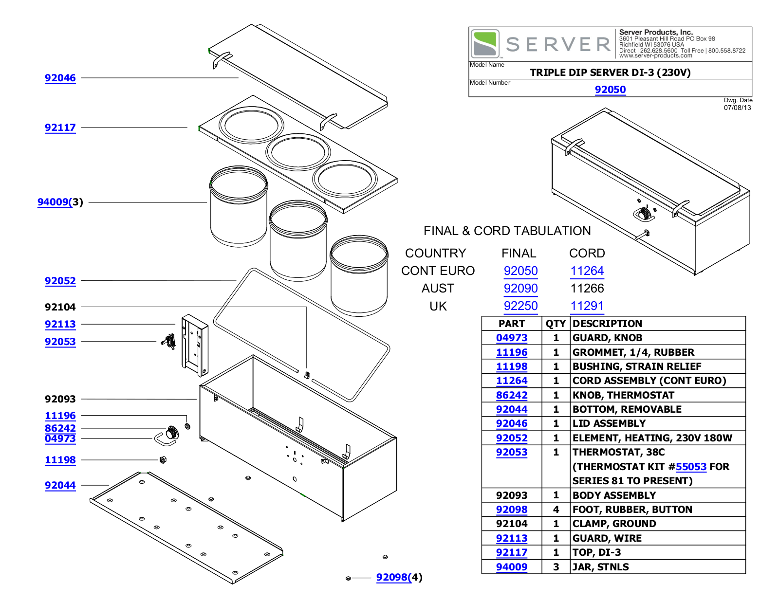 Server 92050 PARTS LIST