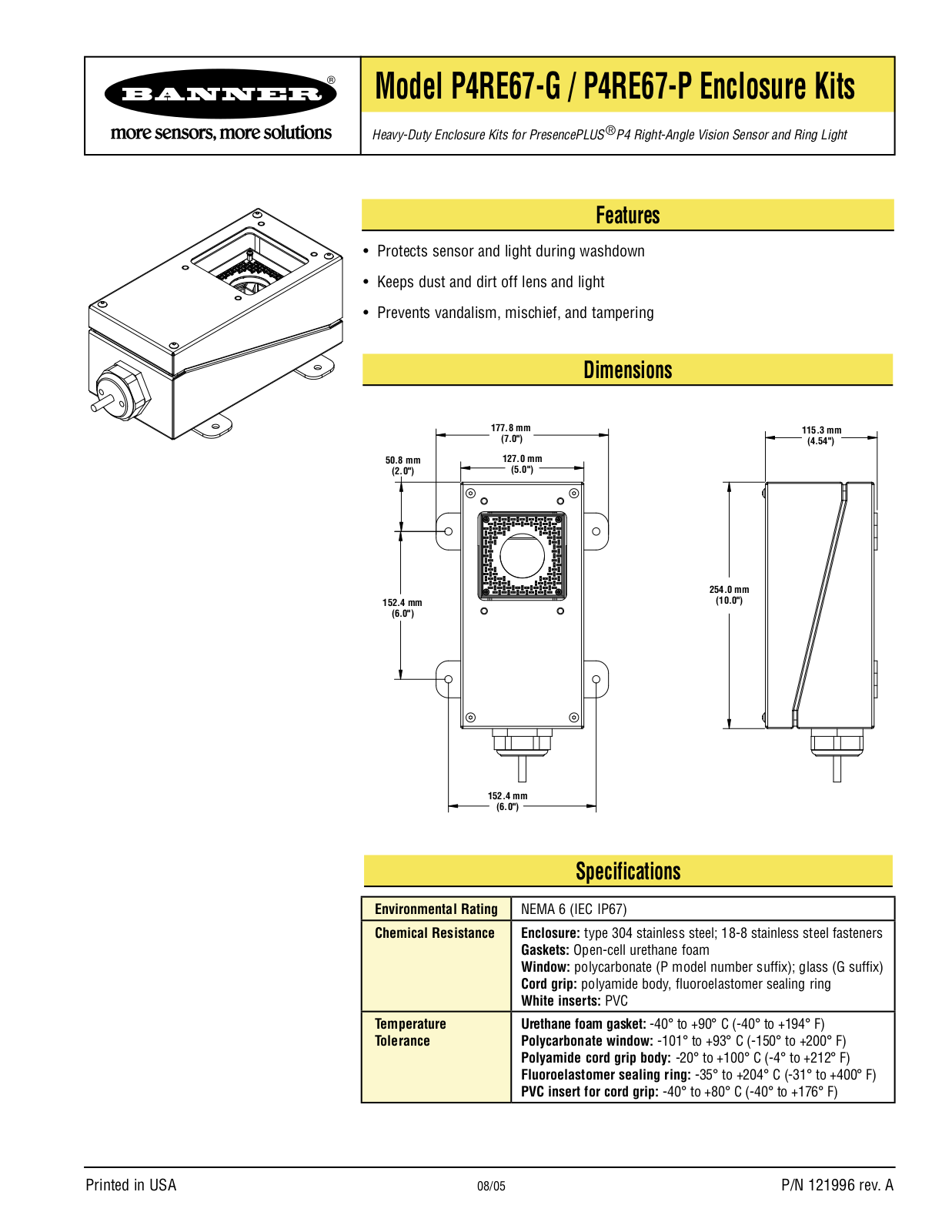 Banner P4RE67-P PresencePLUS P4 Enclosures User Manual