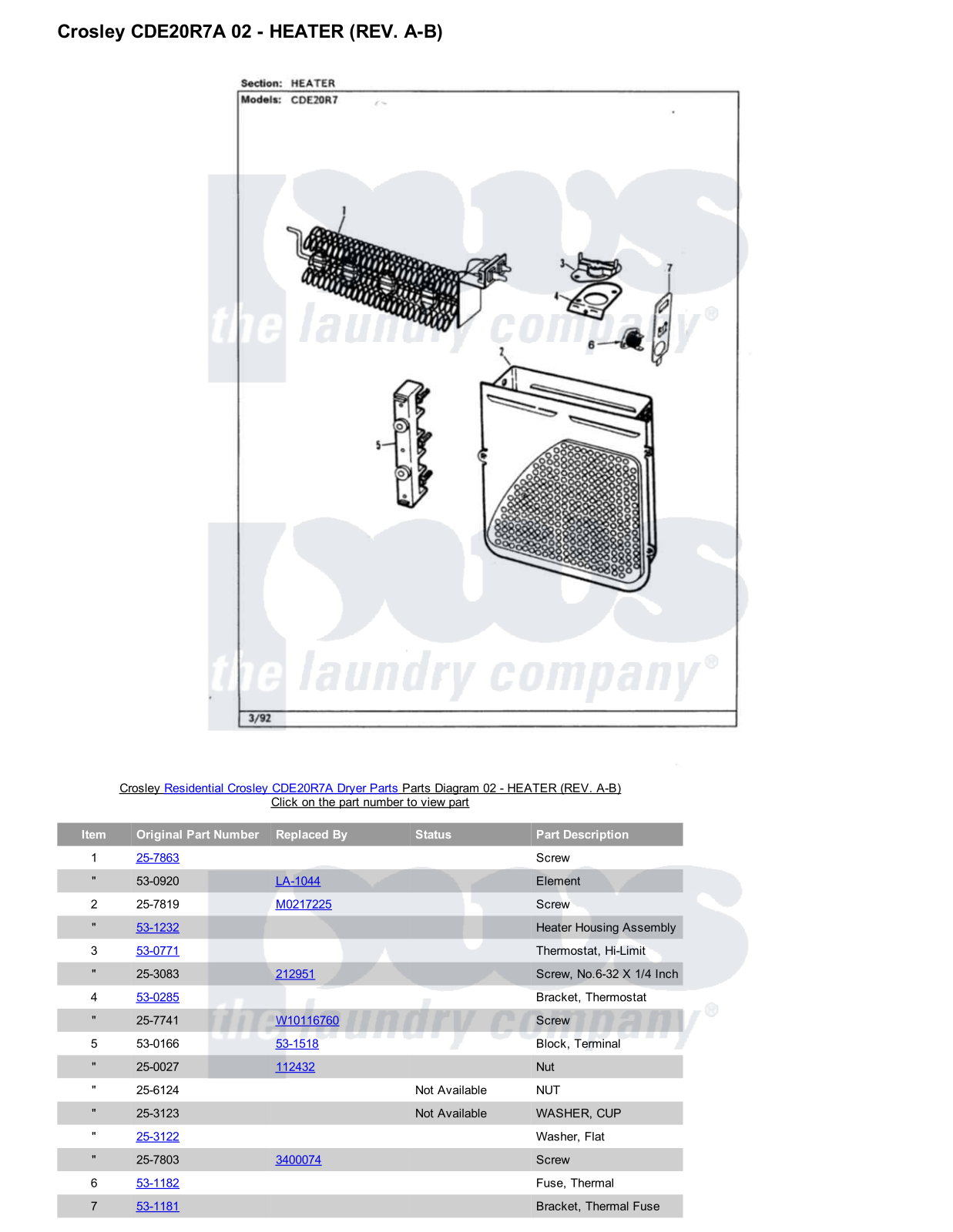 Crosley CDE20R7A Parts Diagram