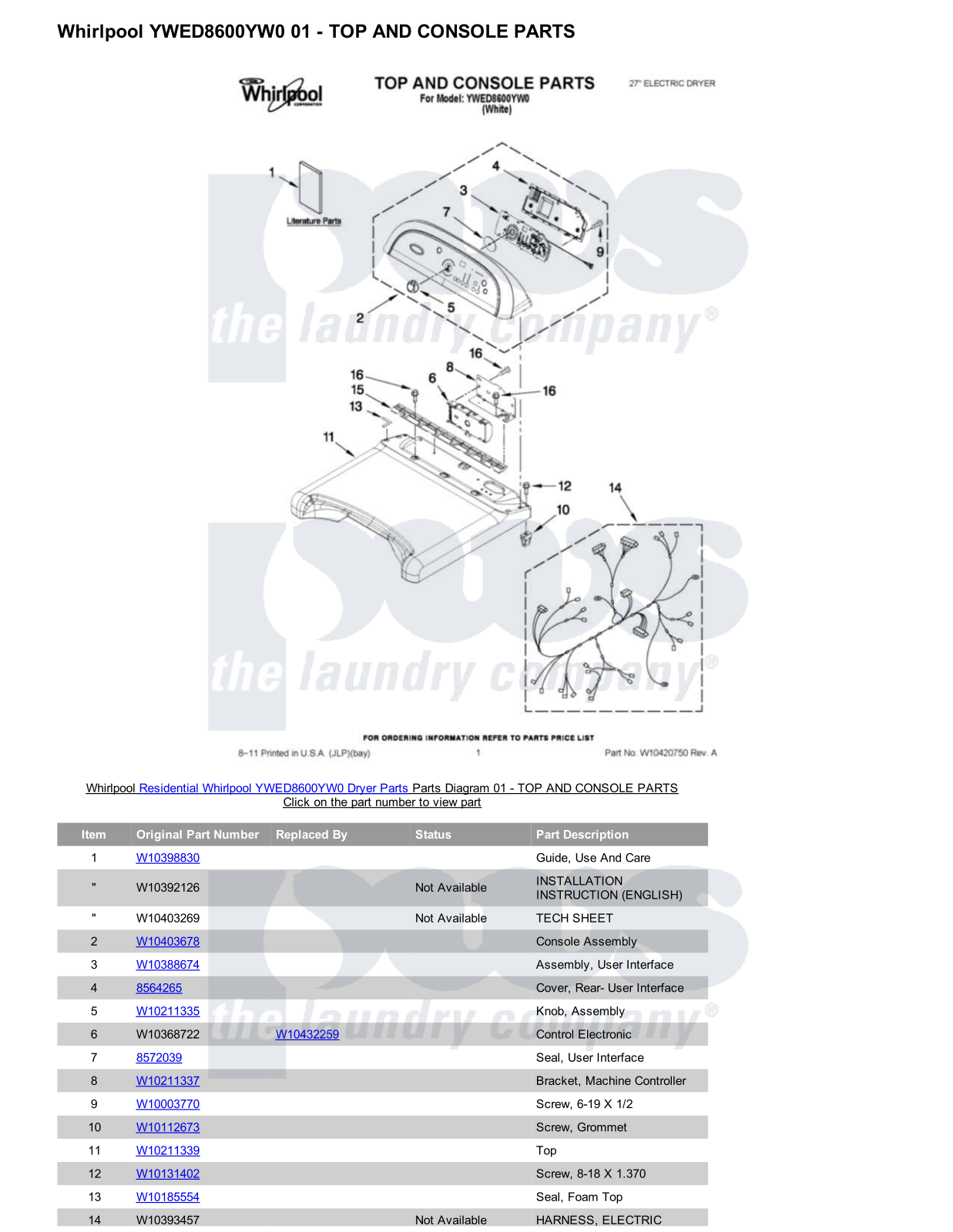 Whirlpool YWED8600YW0 Parts Diagram