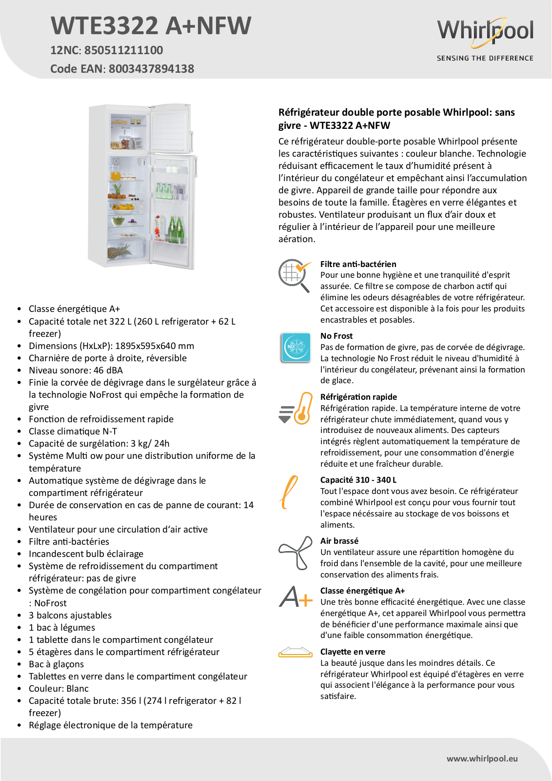 Whirlpool WTE3322 A+NFW Product information