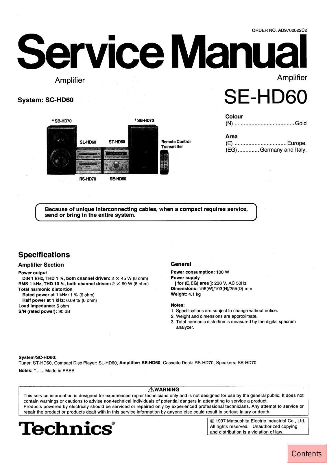 Technics SEHD-60 Service manual
