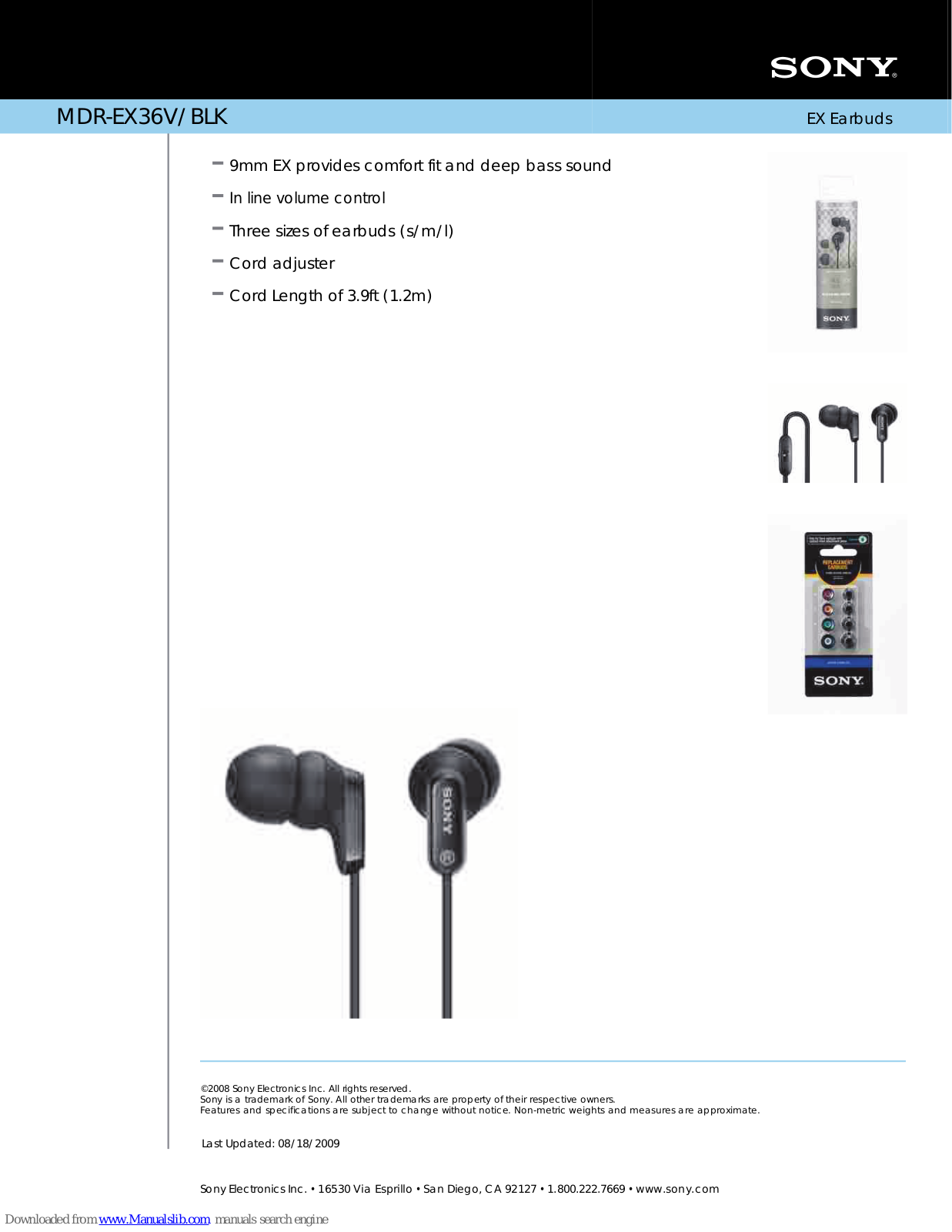 Sony MDR-EX36V/BLK, MDR-EX36V, MDR-EX36BLK Features