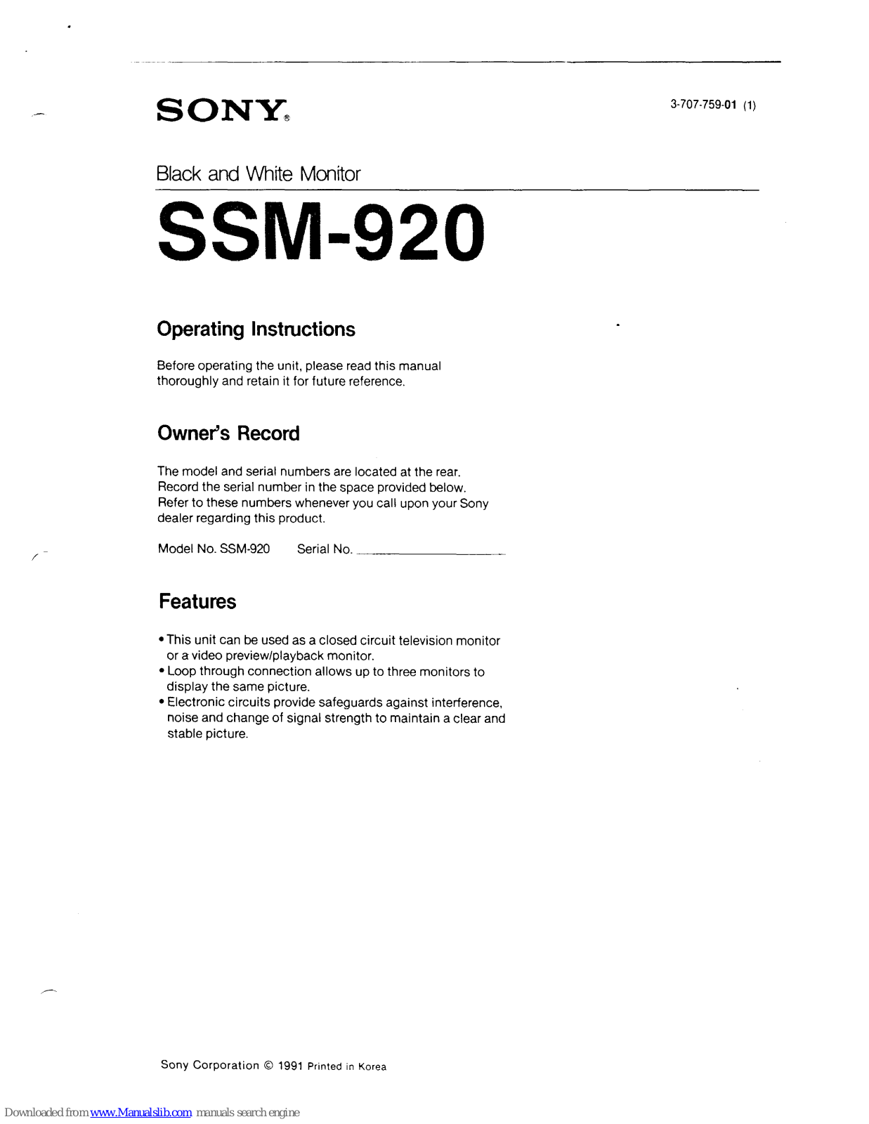 Sony SSM-90, SSM-920 Operating Instructions Manual