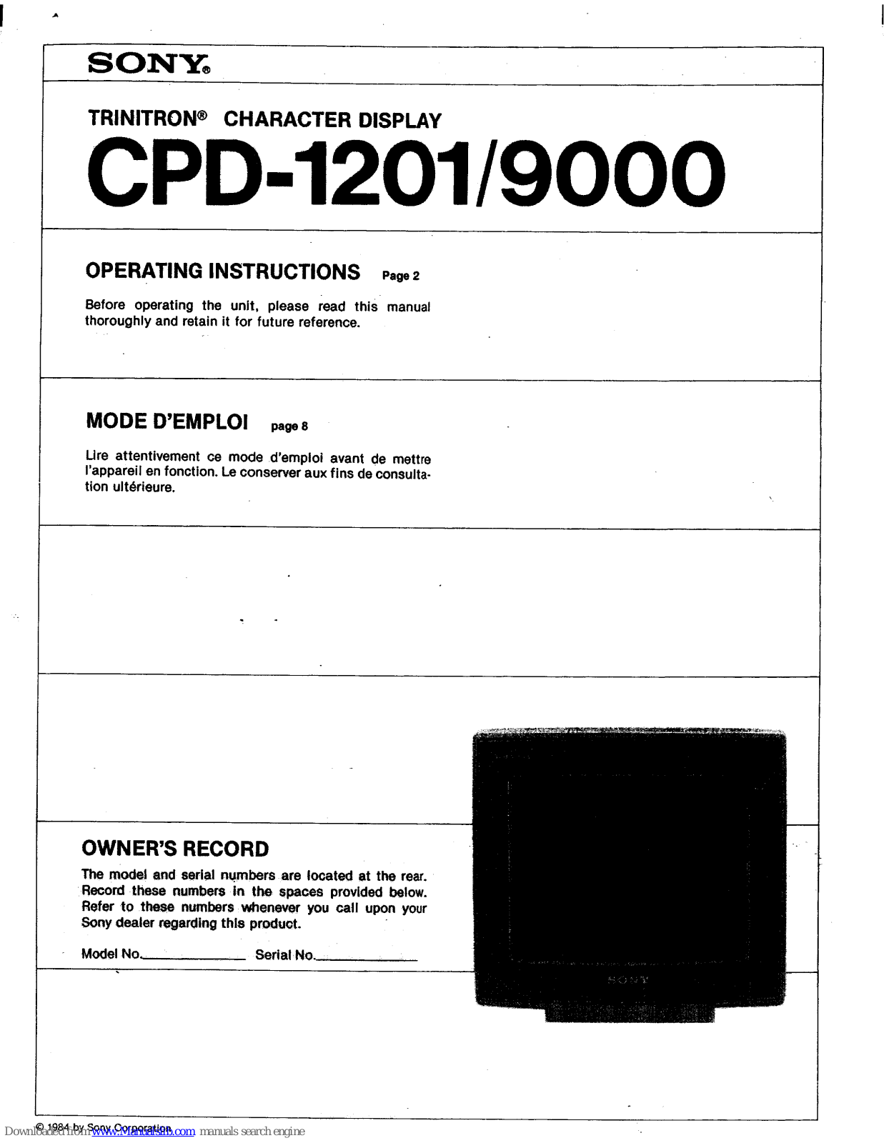 Sony CPD-9000 Operating Instructions (primary manual),Trinitron CPD-1201 Operating Instructions Manual