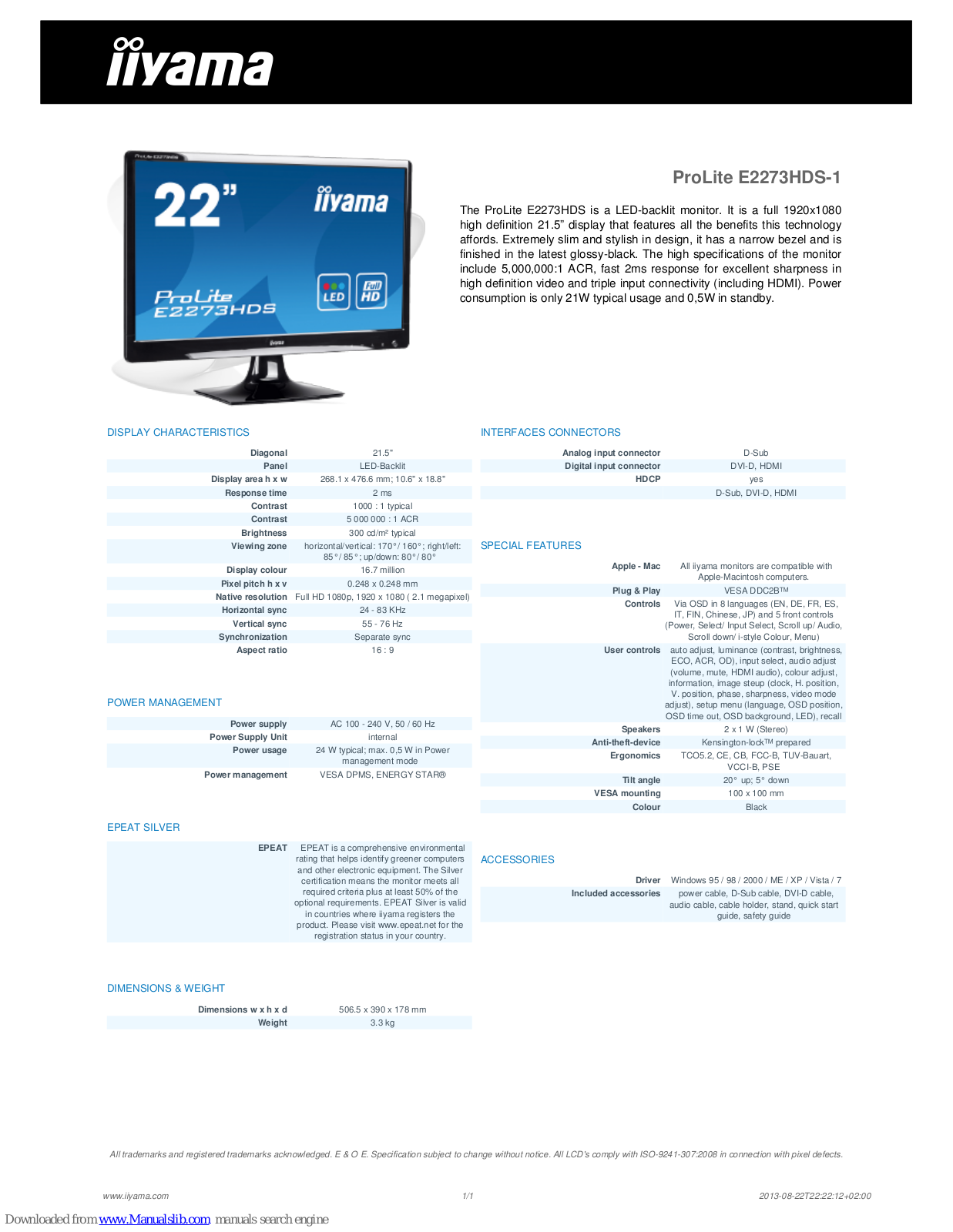 Iiyama ProLite E2273HDS-1 Specification