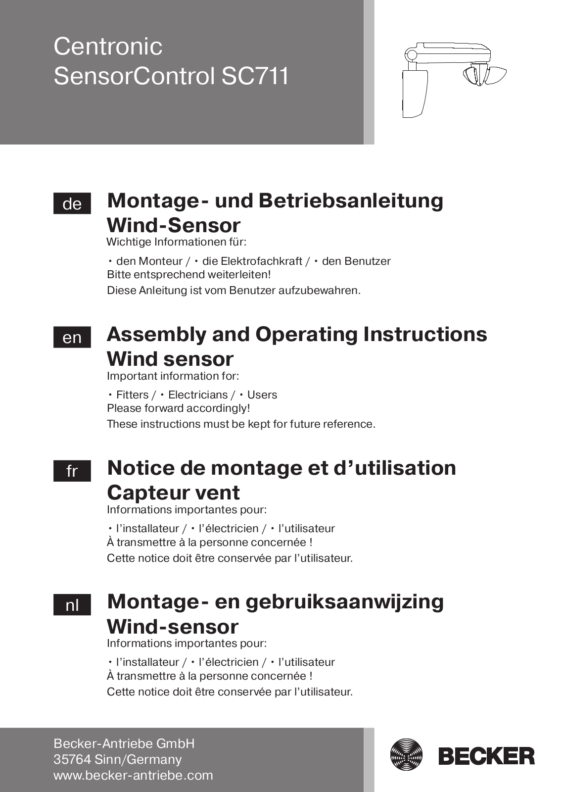 Becker Centronic SensorControl SC711 Assembly And Operating Instructions Manual