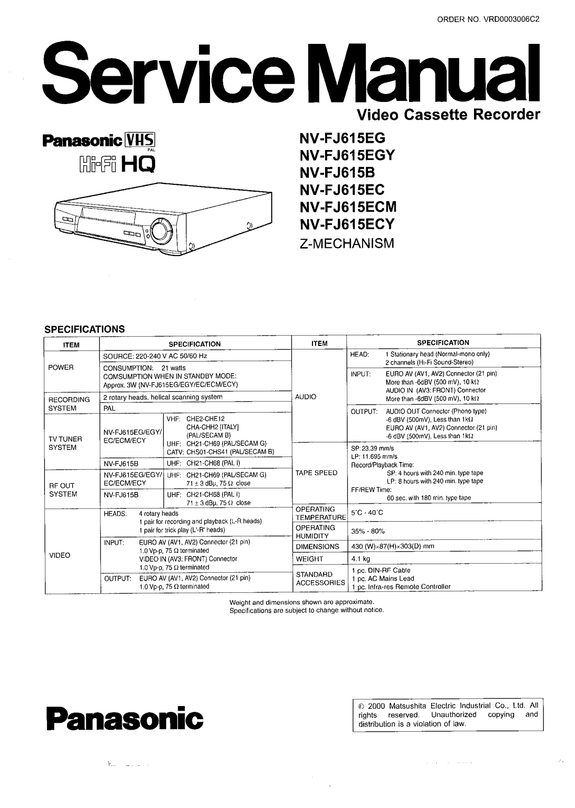 PANASONIC NV-FJ615EG Service Manual