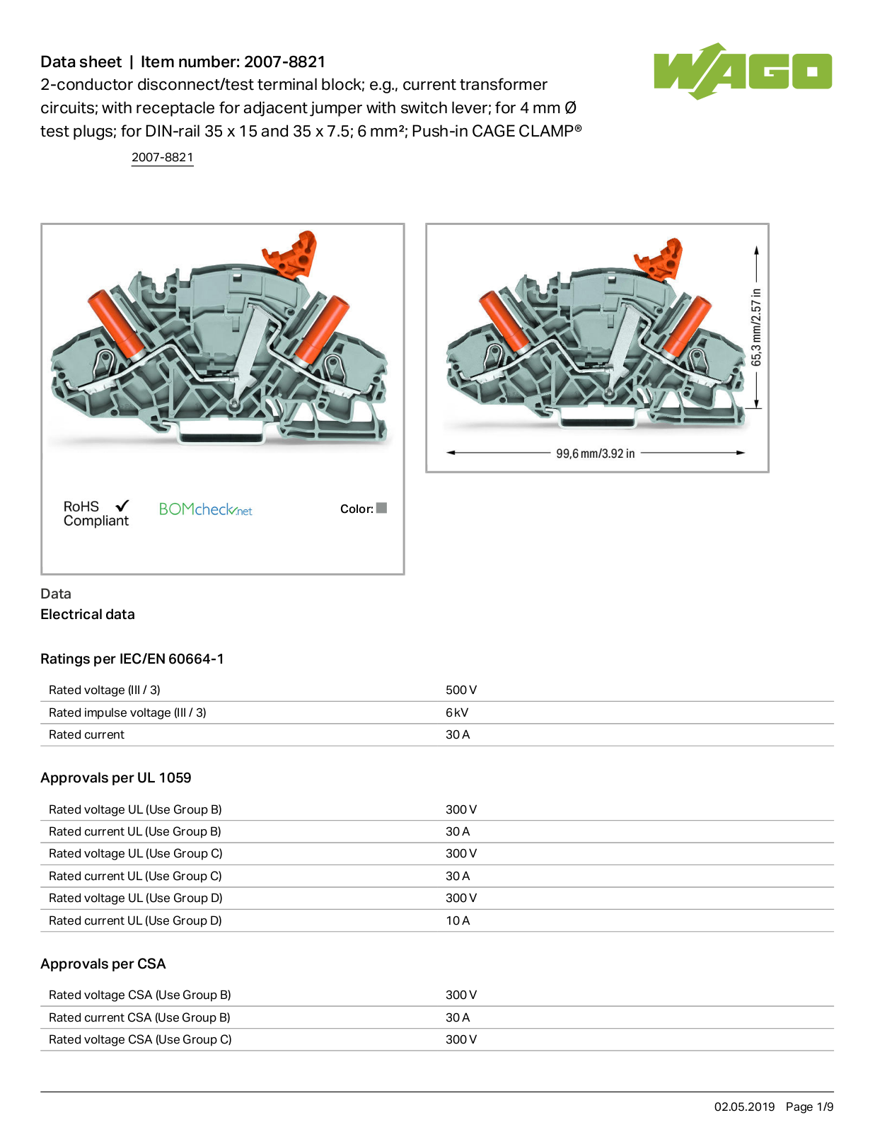 Wago 2007-8821 Data Sheet