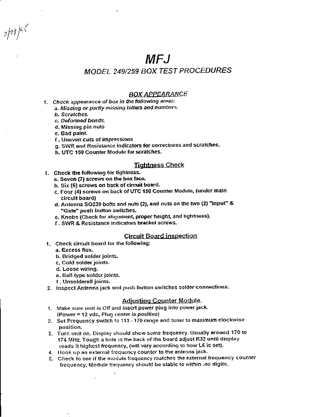 MFJ MFJ-249, MFJ-259 test calibration