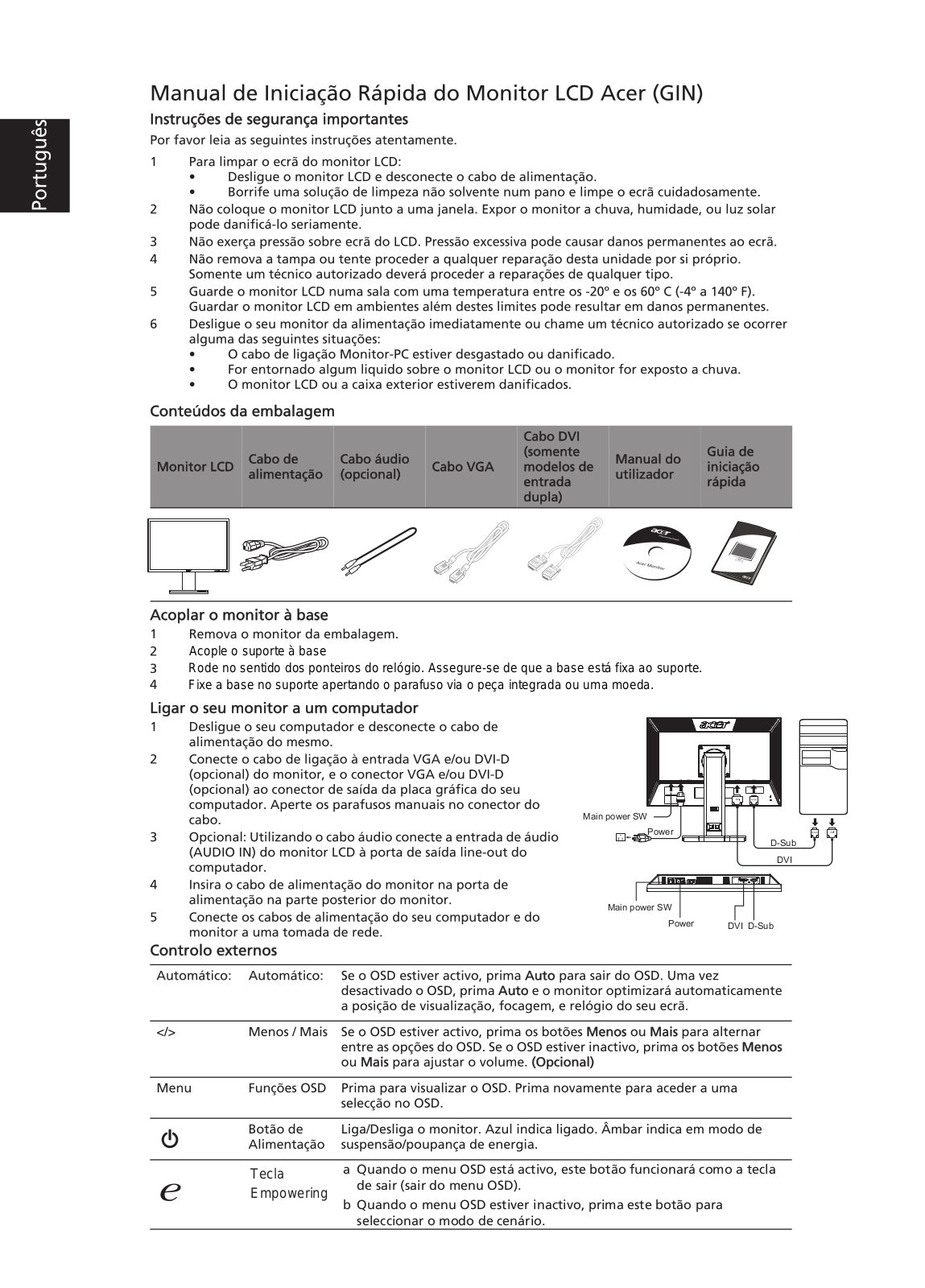 Acer B243H, B243HL QUICK START GUIDE