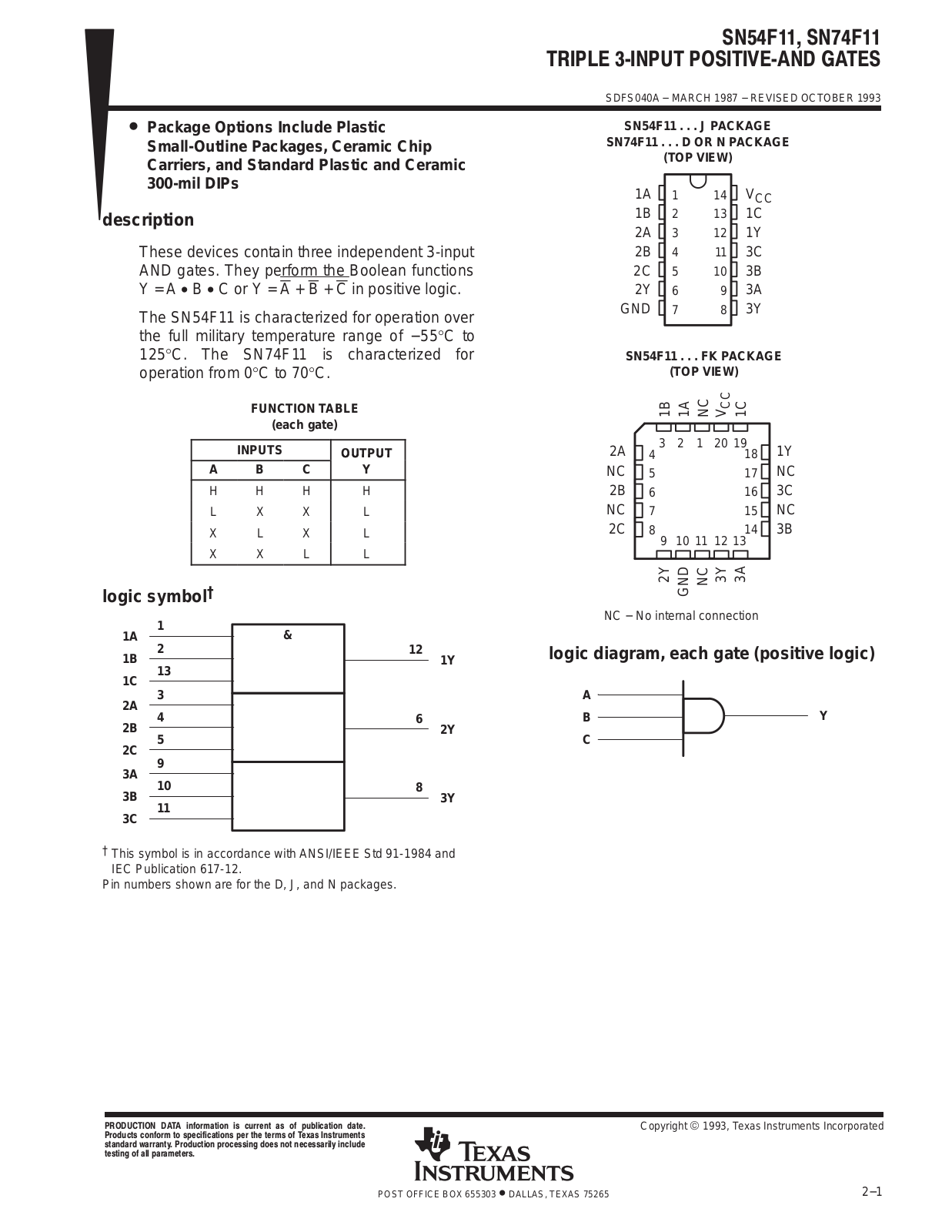 TEXAS INSTRUMENTS SN54F11 Technical data