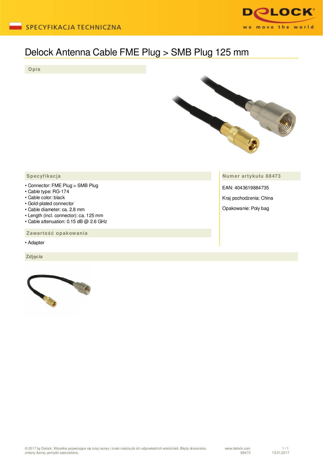 DeLOCK coaxial cable FME plug on SMB socket 125mm User Manual