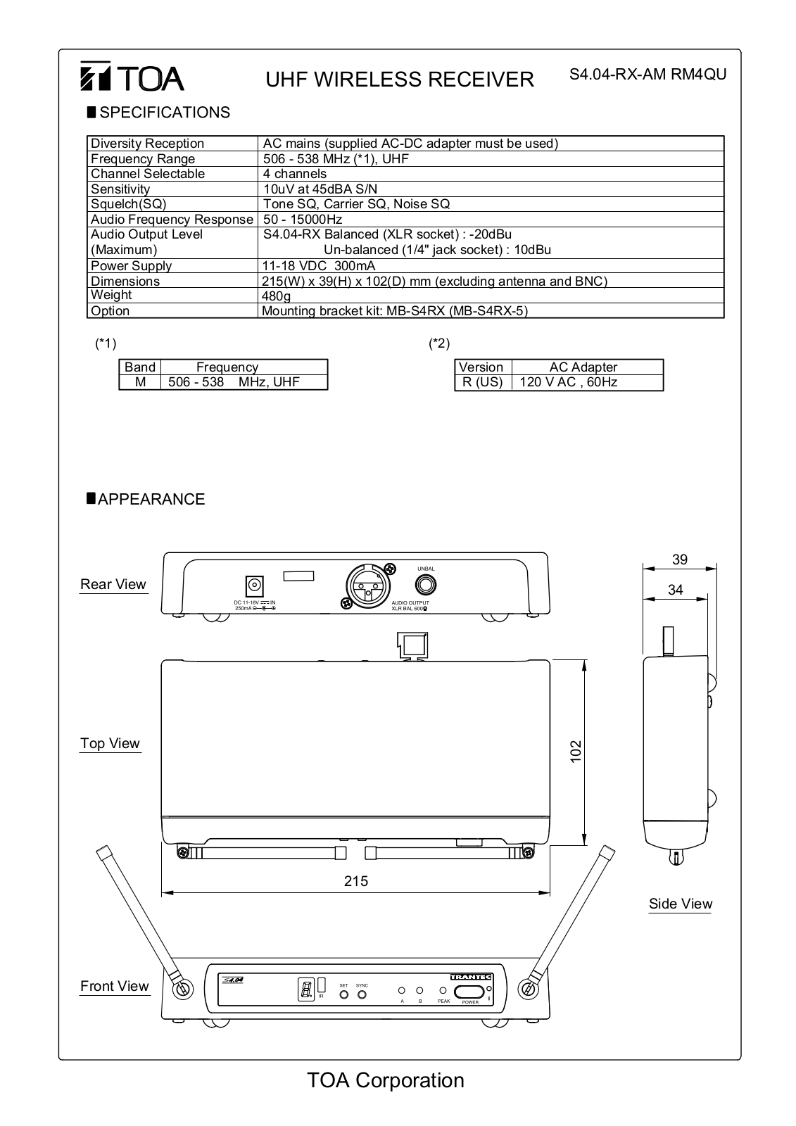 TOA S4.04-RX-AM-RM4QU User Manual