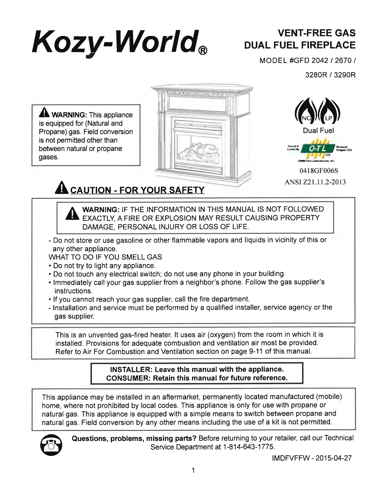 Kozy-World GFD 2042, GFD 2670, GFD 3280R, GFD 3290R Owner's Manual