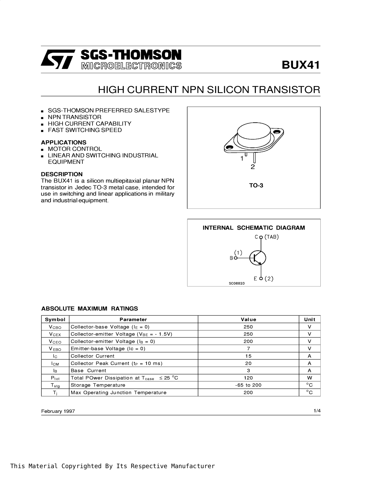 SGS Thomson Microelectronics BUX41 Datasheet