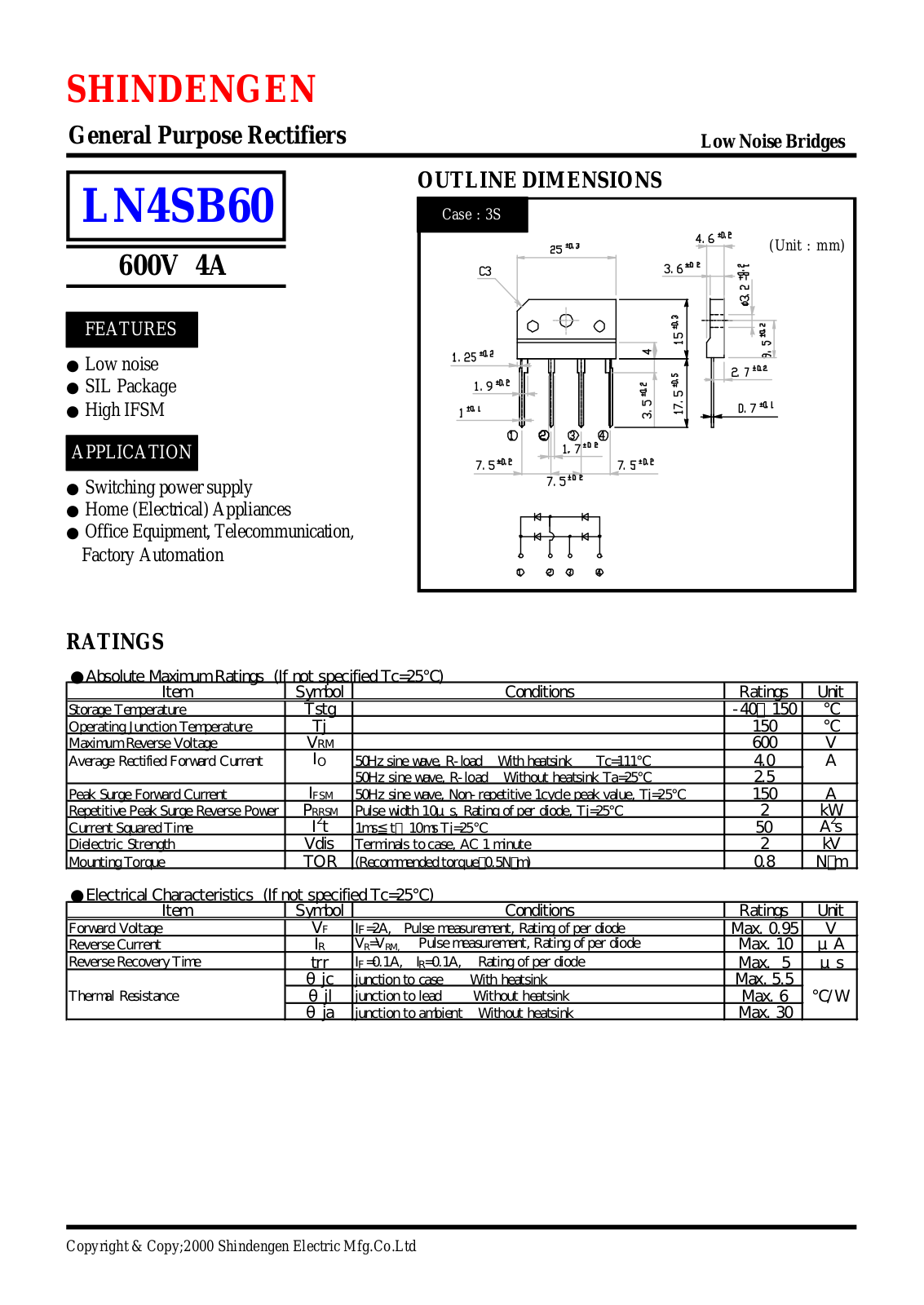 Shindengen Electric Manufacturing Company Ltd LN4SB60 Datasheet