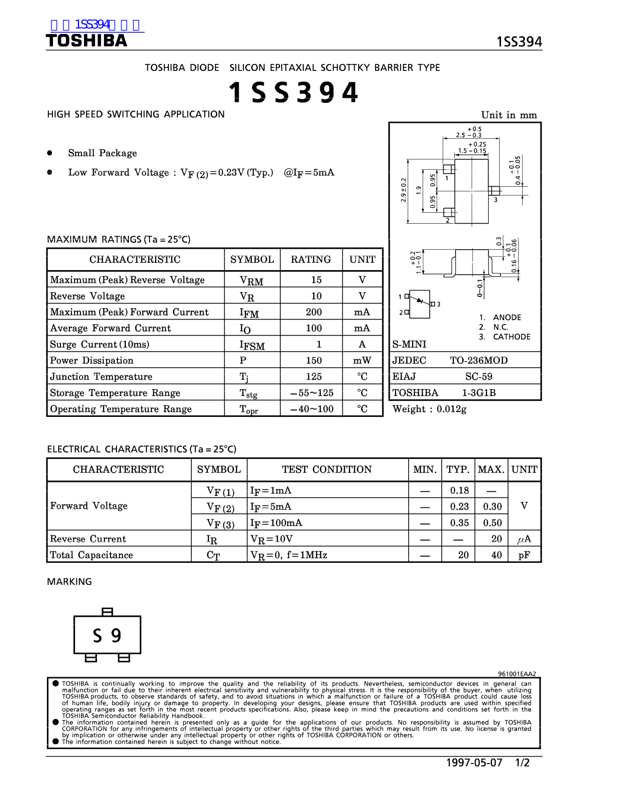 TOSHIBA 1SS394 Technical data