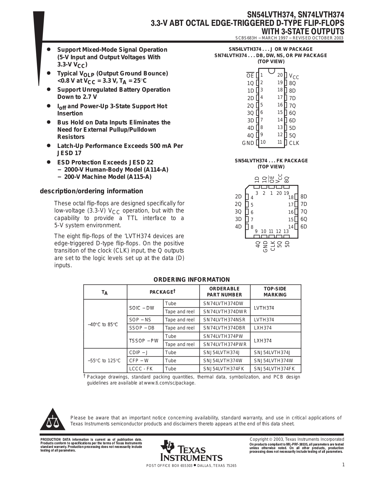 TEXAS INSTRUMENTS SN54LVTH374 Technical data