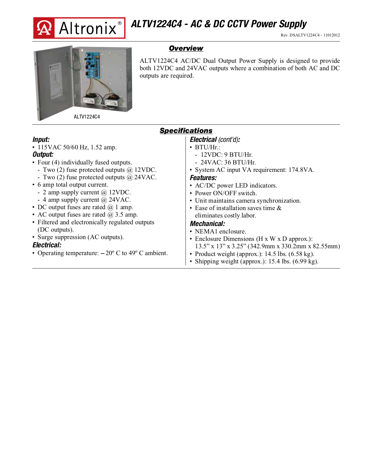 Altronix ALTV1224C4 Specsheet