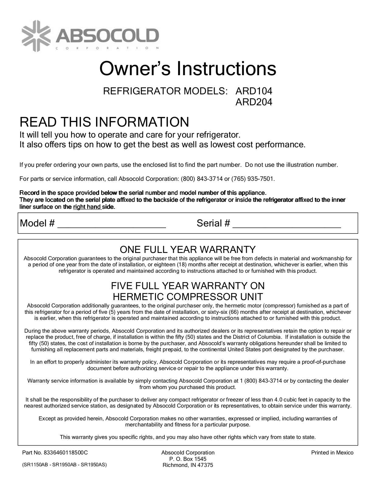 Absocold Corp ARD204, ARD104 User Manual