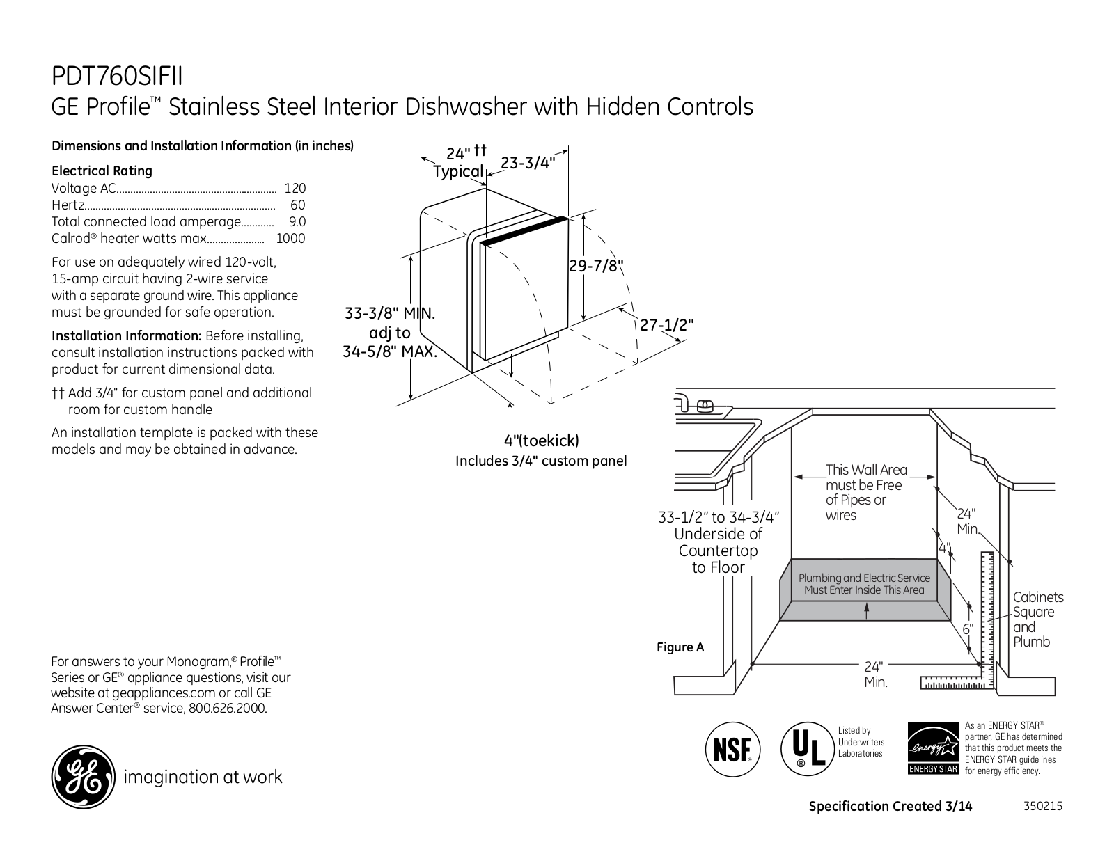 GE PDT760SIFII Specification Sheet