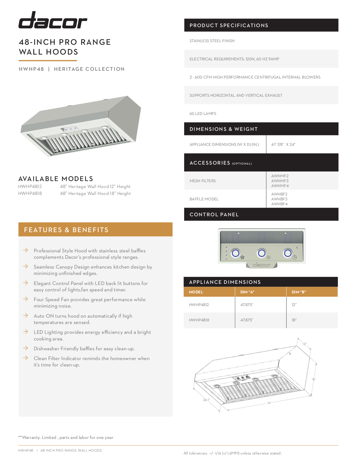 Dacor HWHP4818S Specsheet