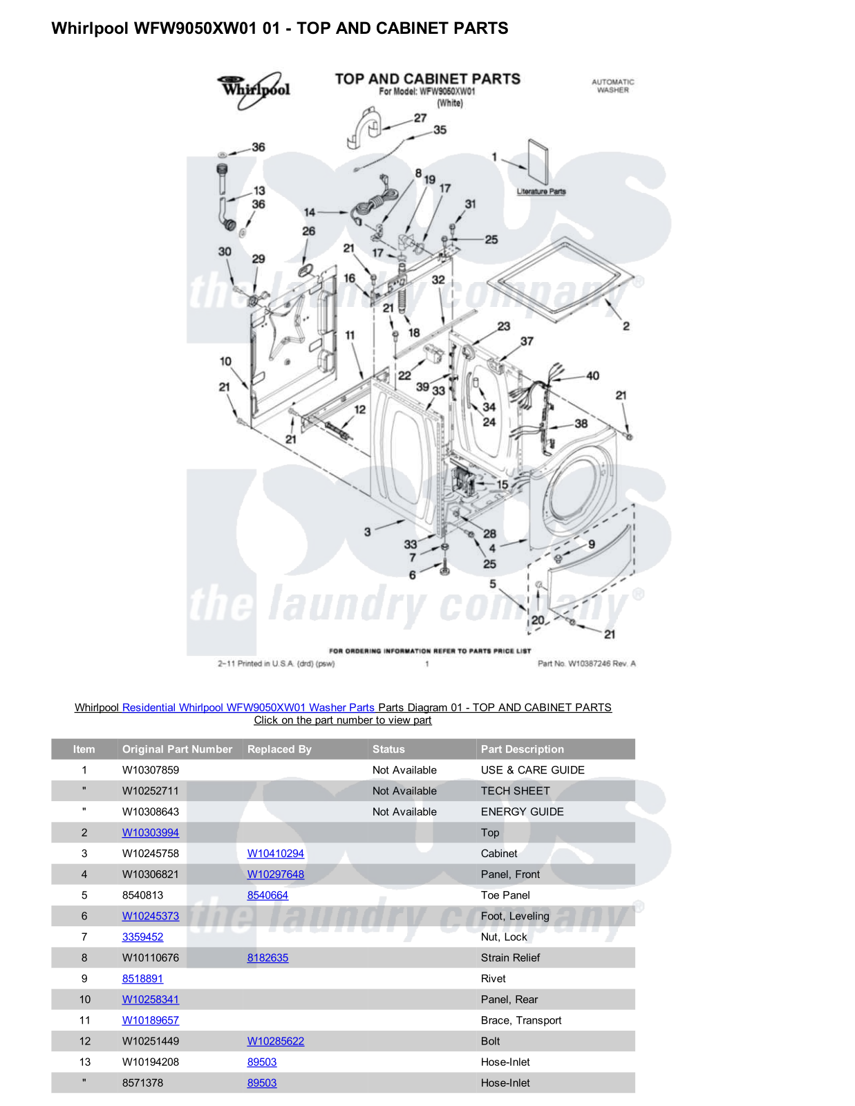 Whirlpool WFW9050XW01 Parts Diagram