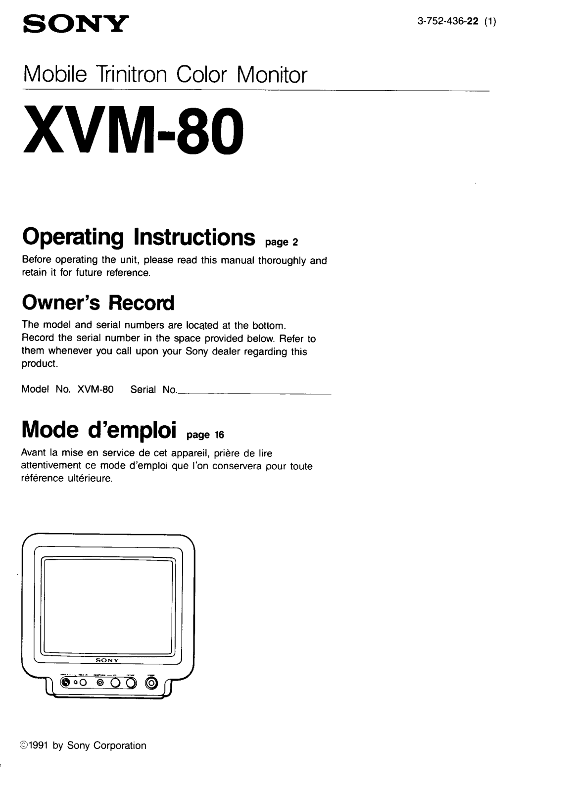 Sony XVM-80 User Manual