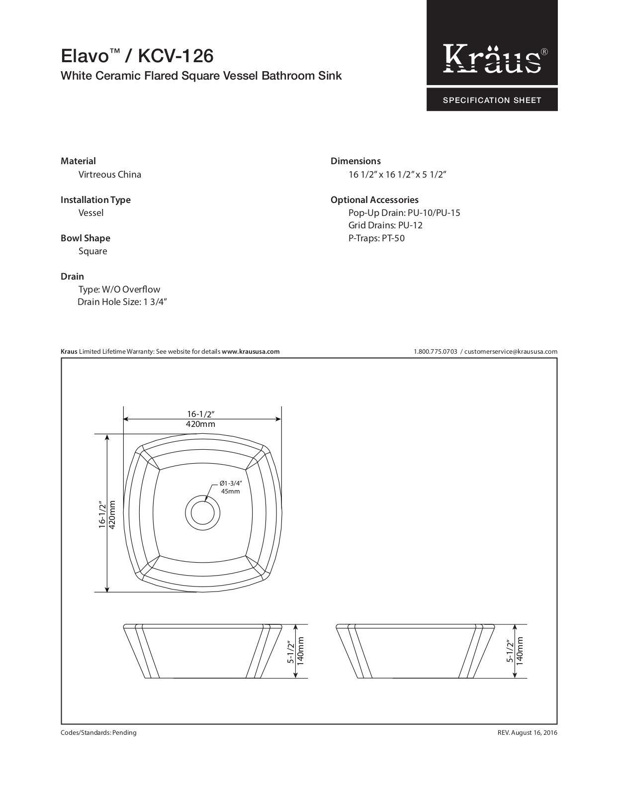 Kraus KCV126 Specs