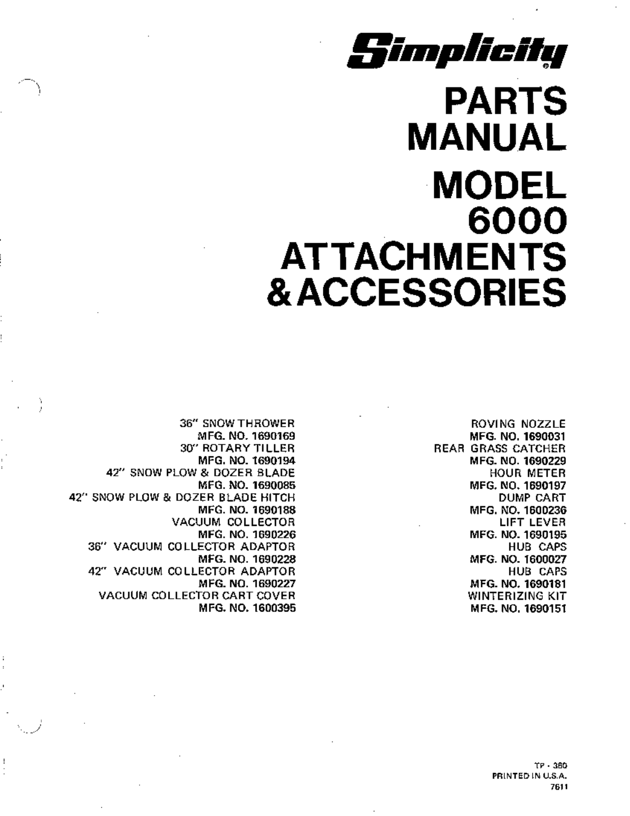 Simplicity 6000 Parts Manual