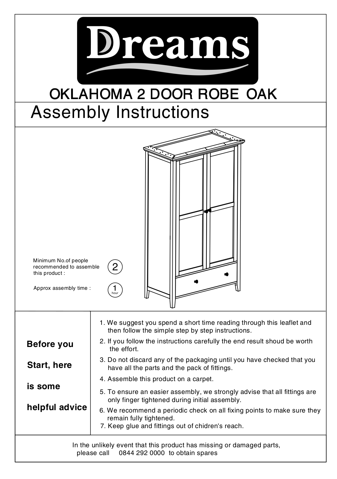 Dreams Oklahoma 2 Door Wardrobe with Drawers User Manual