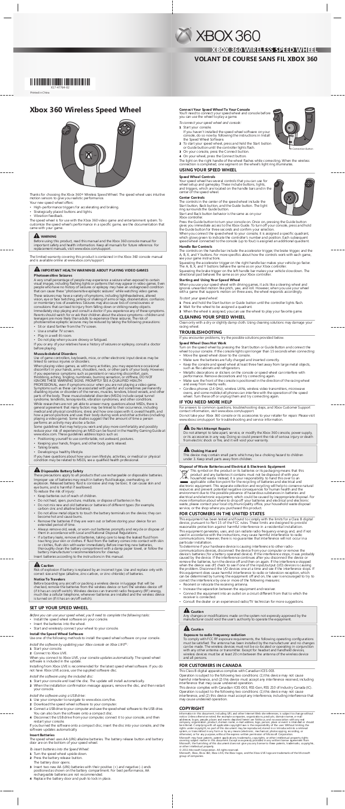 Microsoft Xbox 360 - Wireless Speed Wheel Operating Instructions