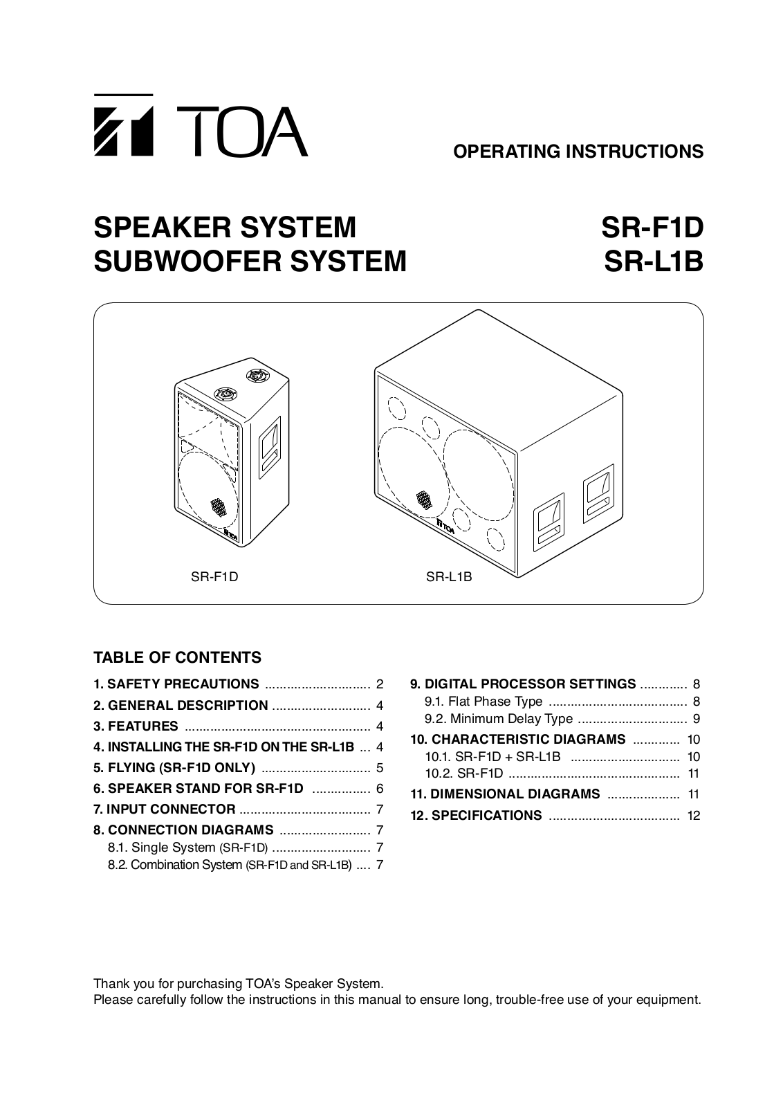 Toa SR-F1D, SR-L1B Operating Instructions Manual