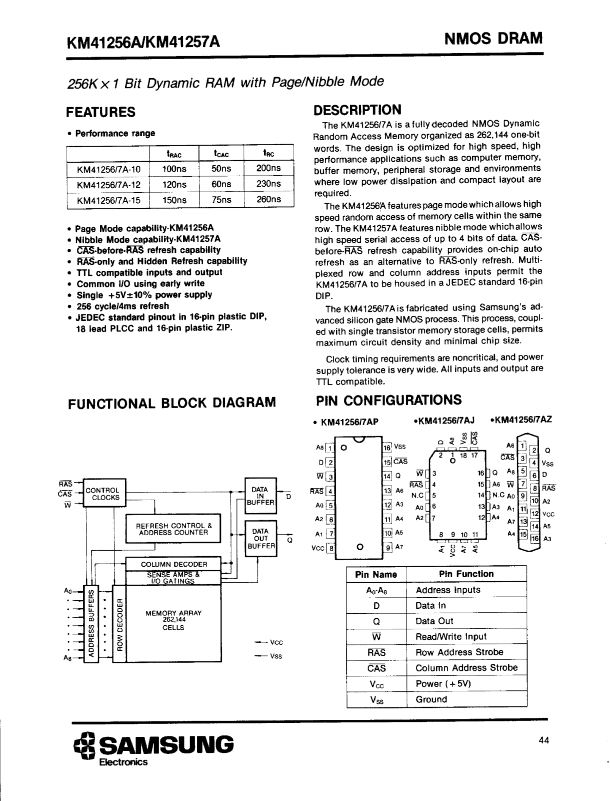 Samsung KM41256AZ-10, KM41256AP-15, KM41256AP-12, KM41256AP-10, KM41256AJ-15 Datasheet