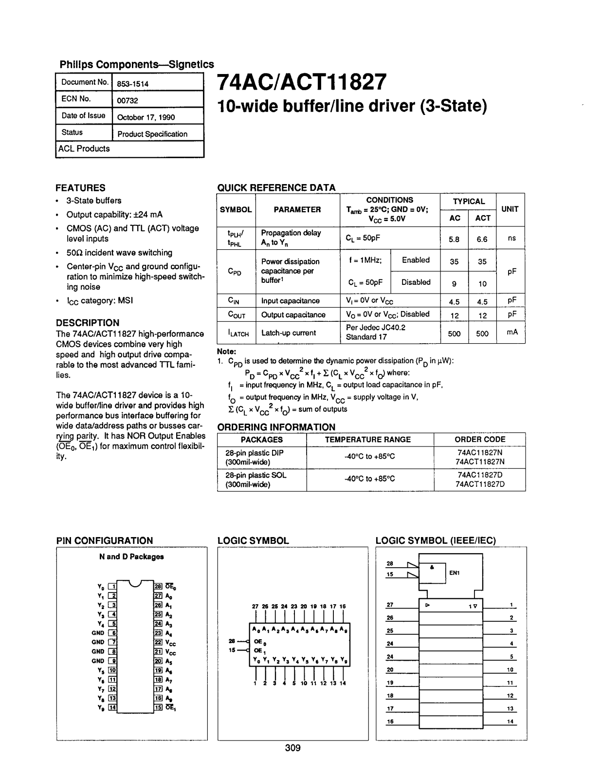 Philips 74ACT11827N, 74ACT11827D, 74AC11827D, 74AC11827N Datasheet