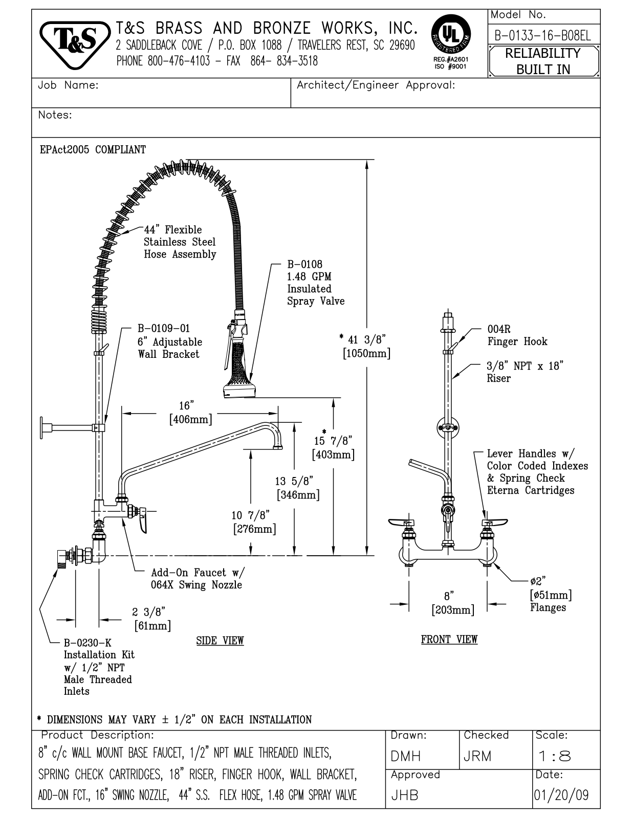 T&S Brass B-0133-16-B08EL User Manual